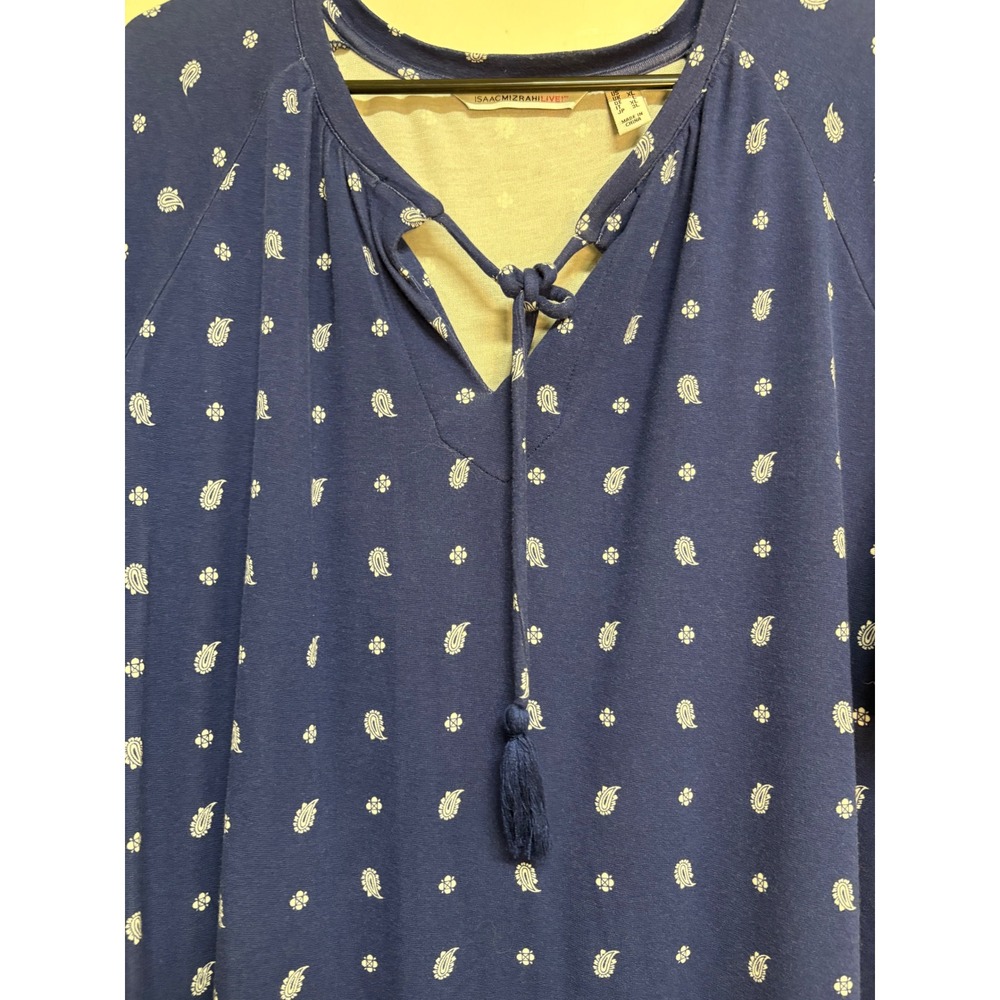 Isaac Mizrahi Live! V-Neck Short Sleeve Printed Blue/White Blouse Women's Size L - Picture 4 of 5